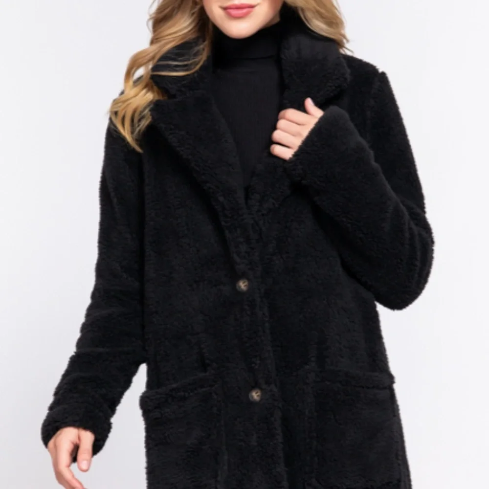 NEW Soft Faux Fur Notched Collar Patch Pocket Sherpa Coat- Button Front- S-M-L - Picture 3 of 9